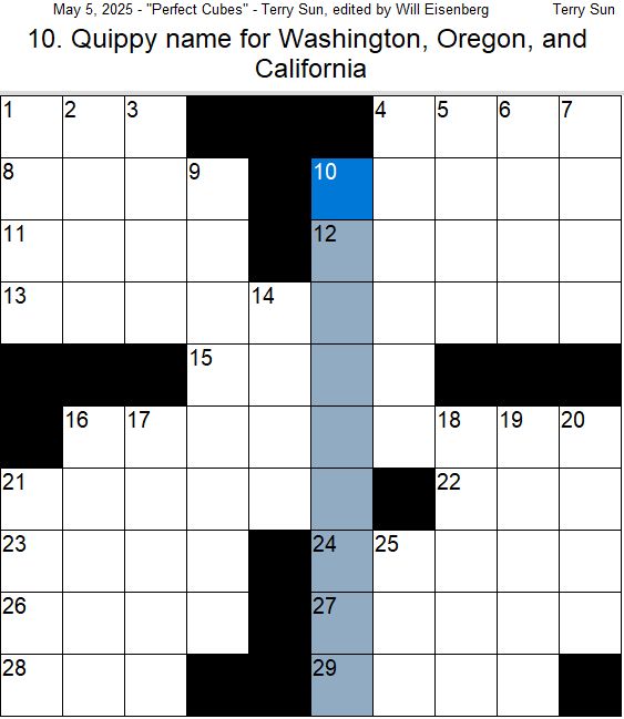 Crossword puzzle with 10-Down highlighted: [Quippy name for Washington, Oregon, and California] (9 letters)