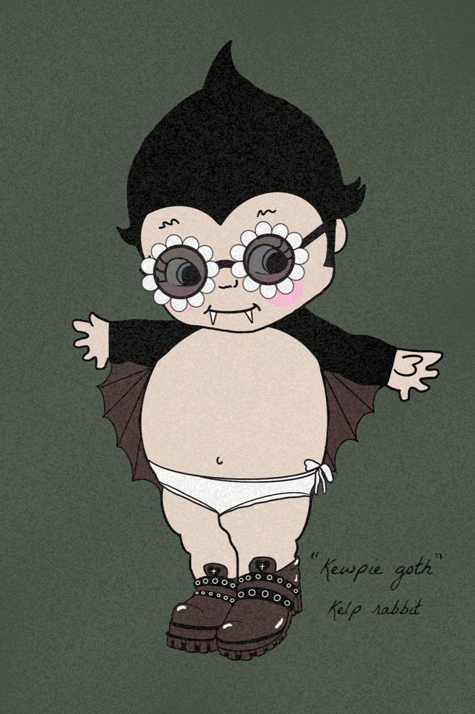 Digital art of a kewpie baby wearing goth attire.