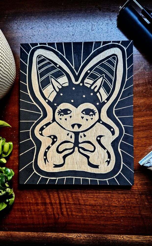 Bat like creature woodcut with ink