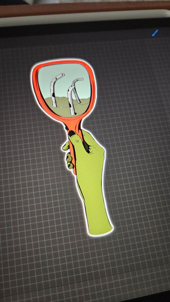 Graphic Illustration of a detached hand holding a mirror that shows little black and white eels.