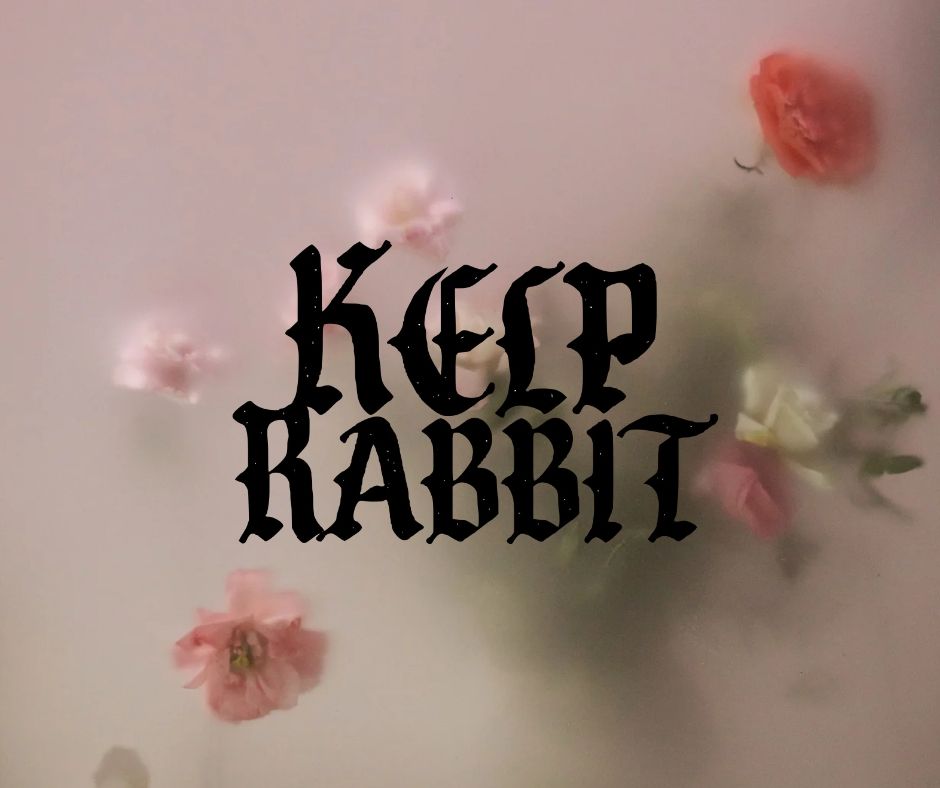 Kelp rabbit written in gothic lettering with floral background