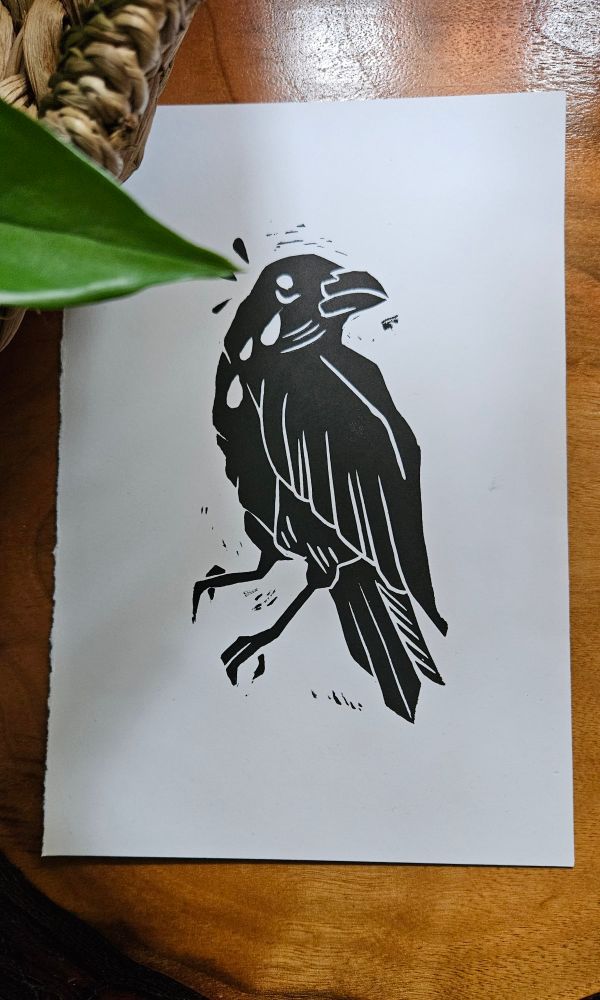 Crow carved from lino and printing on cardstock