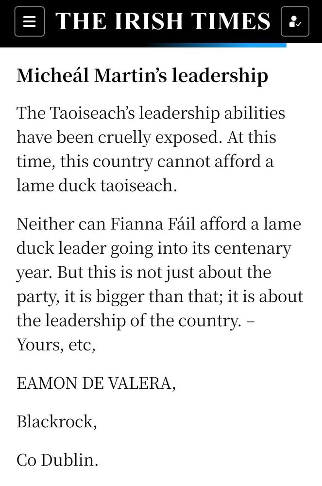 Today's Irish Times letters features one from Eamon De Valera criticising Michéal Martin.