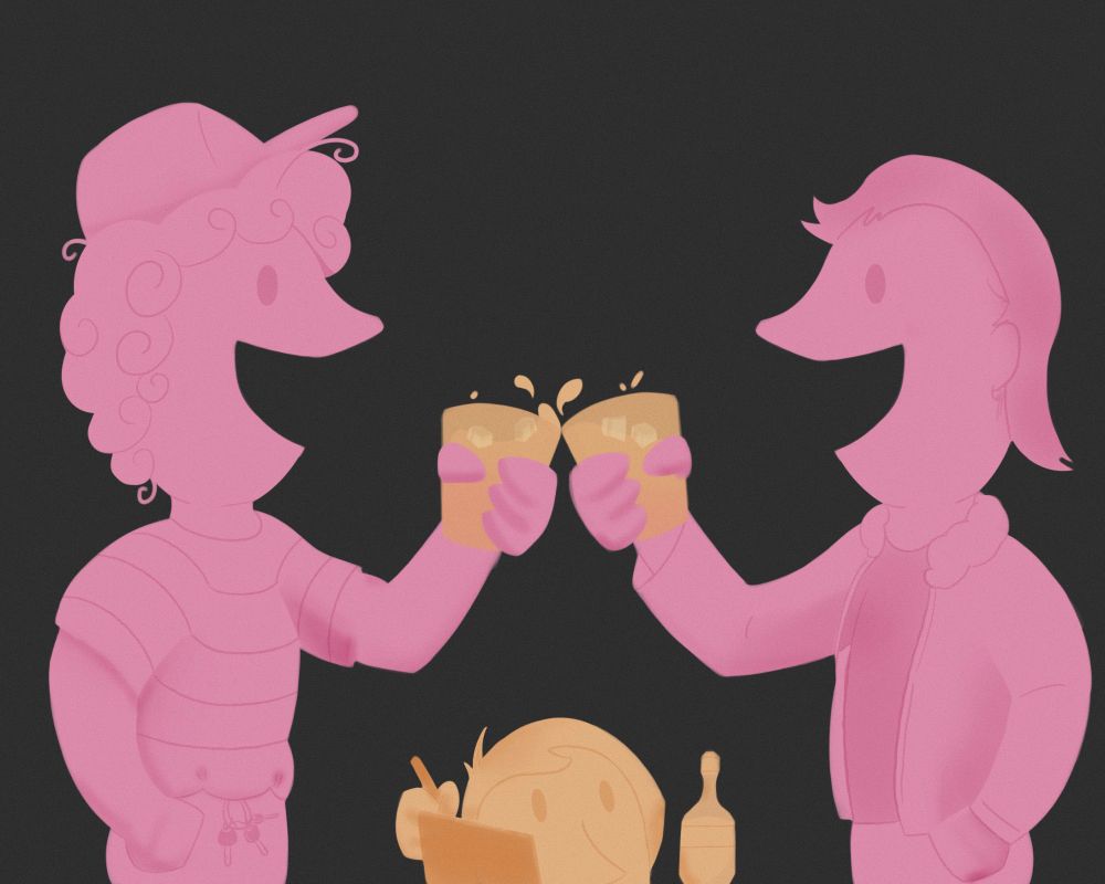Ilustración de dos chavales bebiendo y uno abajo dibujando mientras los mira, pero no de forma extraña y cuestionable. Hay colegeo
