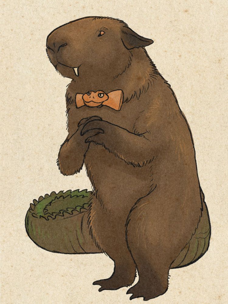 A charming bipedal capybara clasping his little paws. He wears a cane toad leather bow tie, and possesses some very un-capybara characteristics. Today, it's sharp teeth, glowing amber eyes, and a reptilian tail.