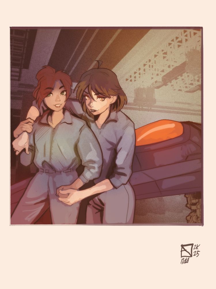 An old Polaroid photograph of Xueyi and Vin from back in their military academy days. Dressed in flight jumpsuits and standing before the cockpit of their training starfighter in an orbital hangar bay, this image was captured mere moments before the pair took the ship for an unscheduled “midnight” joyride; a stunt that very nearly had them expelled.