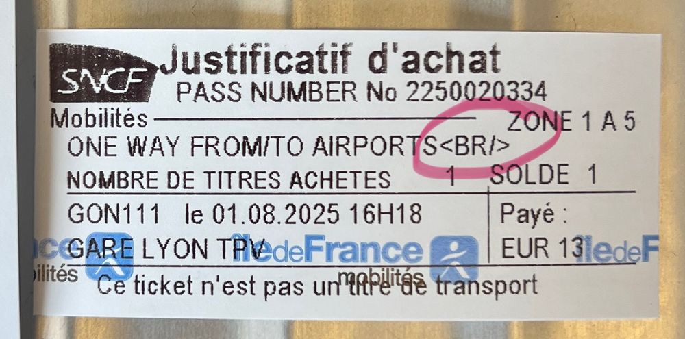A train ticket receipt showing a HTML line break <BR/> printed out as text