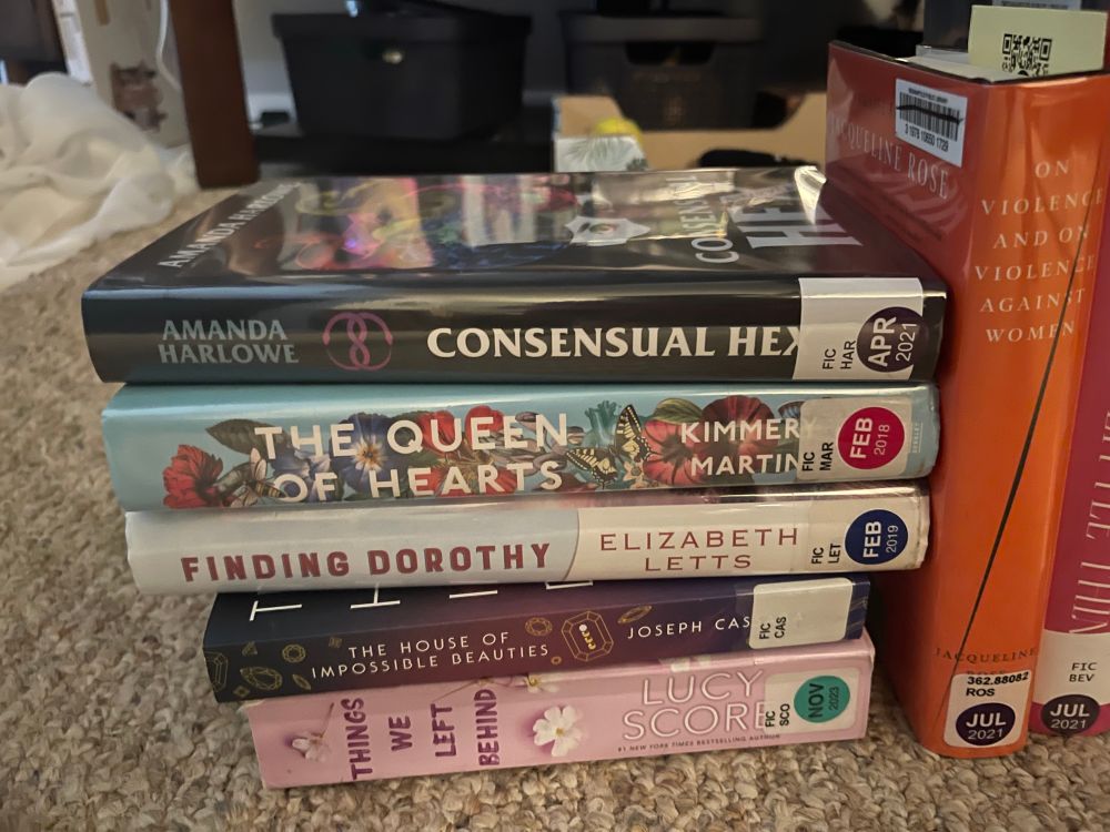 Photographs of books that include consensual hex, the queen of hearts, finding Dorothy, the house of impossible beauties, and things we left behind