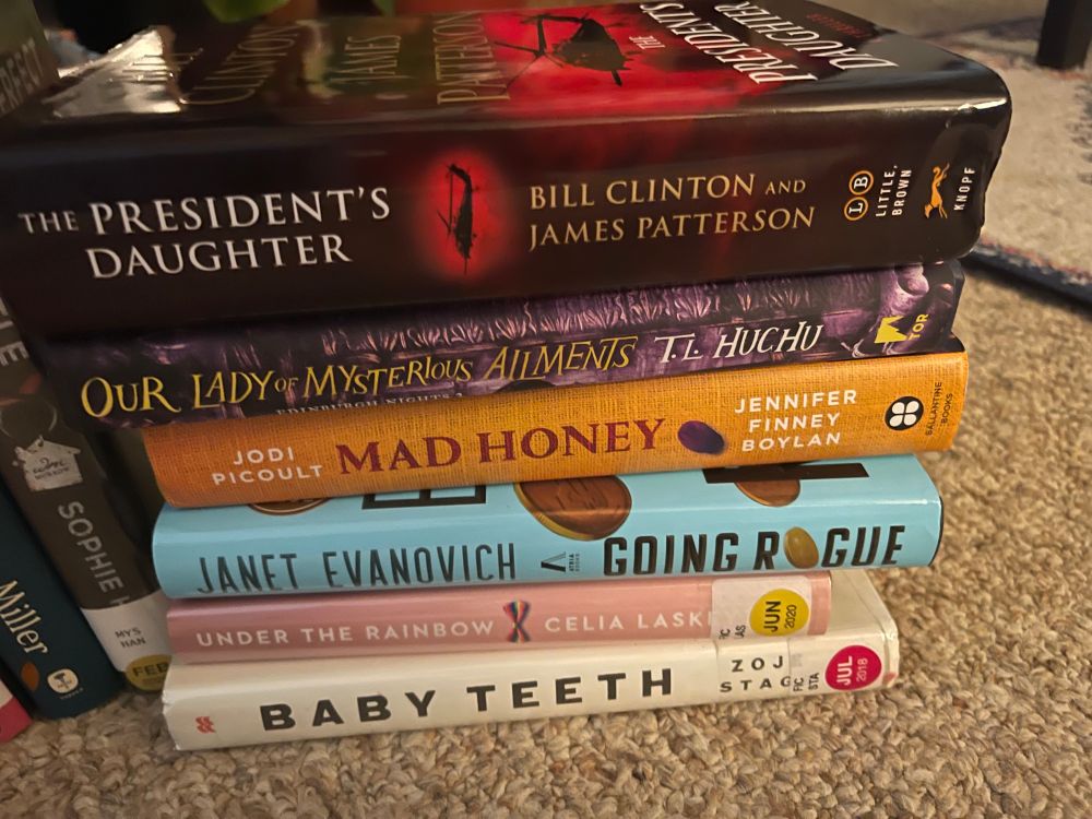 Photos of books that include the president’s daughter, our Lady of mysterious ailments, mad, honey, going rogue, under the rainbow, and baby teeth