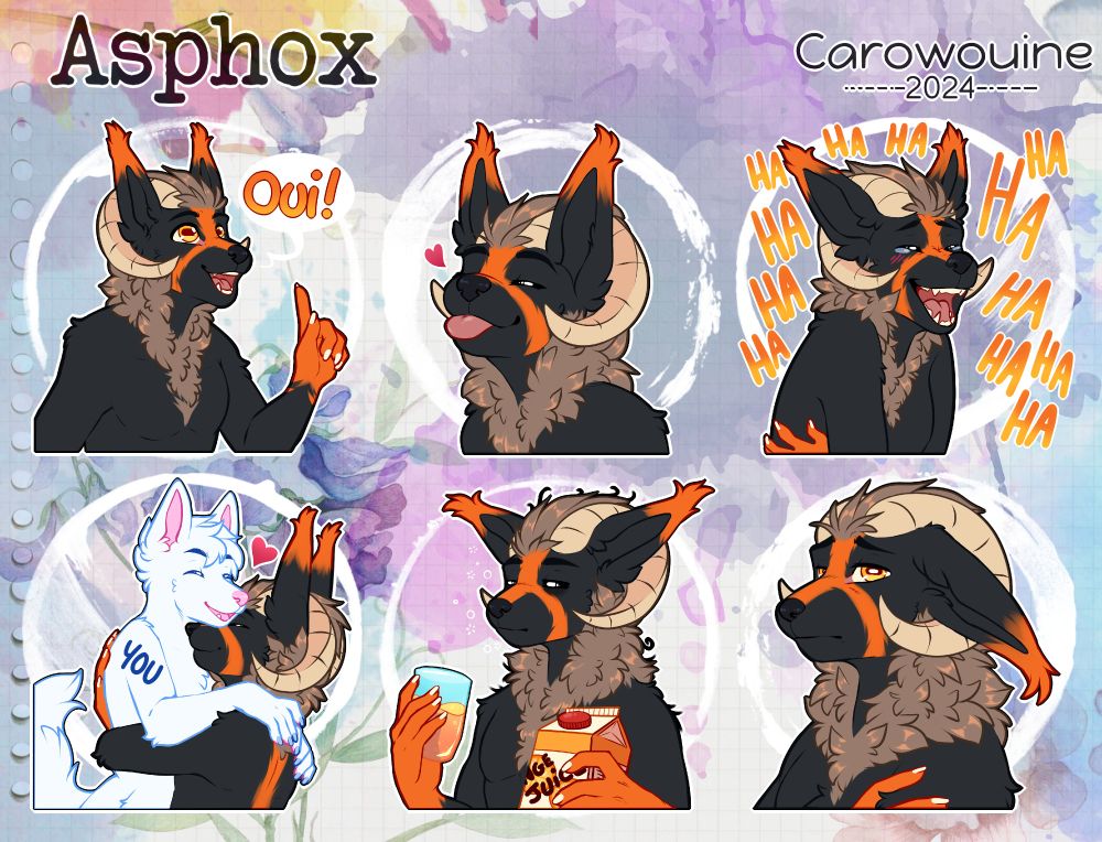Various stickers of Asphox, classical stuff, like saying "yes", hug, tired and drinking juice, etc.