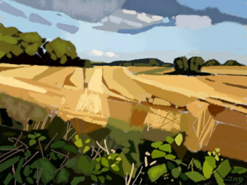 A digital painting of rolling fields in Astbury, Cheshire, with shadows of plants in the foreground