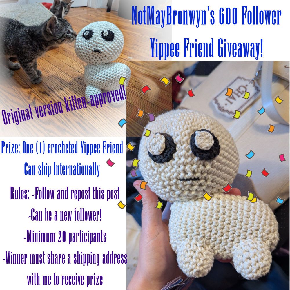 A couple of pictures of the crocheted Yippee Friend with the giveaway details from the post listed