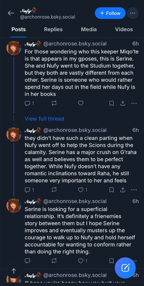 A bluesky thread talking about her new lore for the caricature she made of her ex-girlfriend's WoL. The final post talks about her hopes that the character will apologize to Nufy for "wanting to conform rather than doing the right thing".