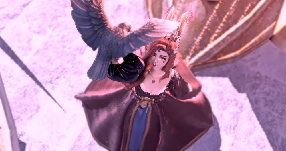 A top-down shot of Agatha reaching upwards towards a crow. She stands before the fire of Falcon Nest's beacon. Her medieval style dress billows around her dramatically.