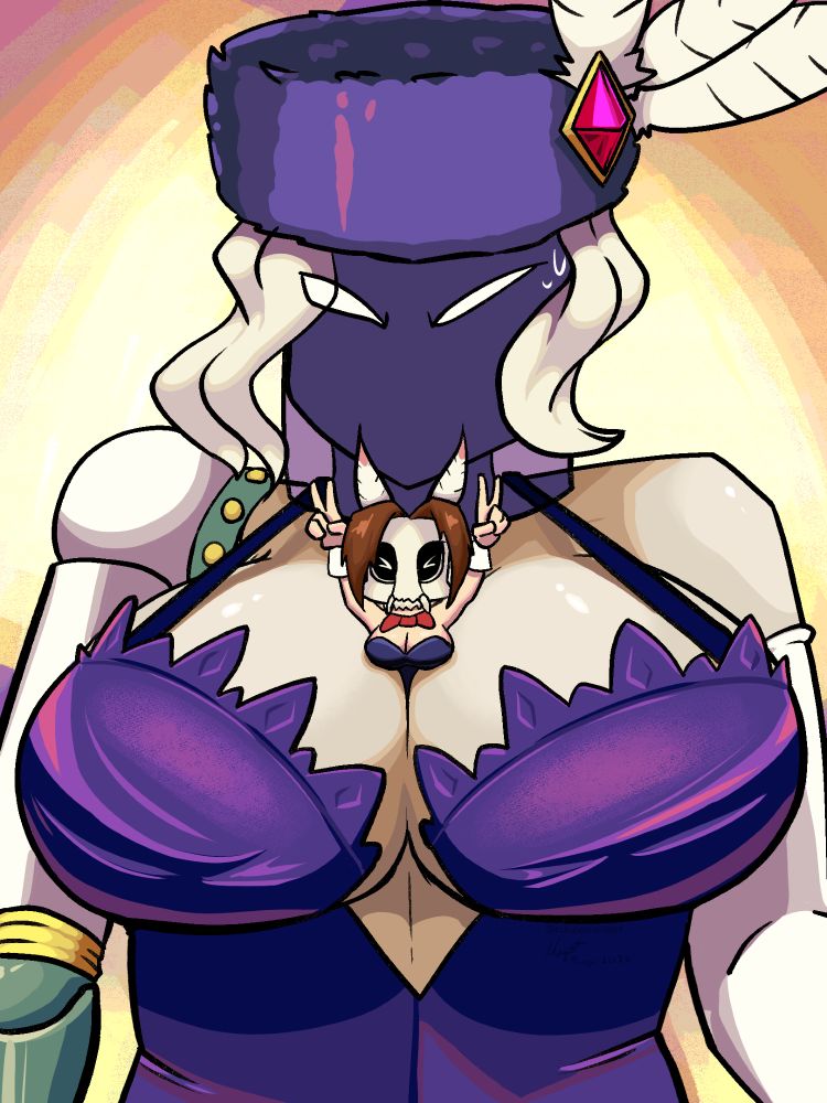 Dahlia looks down unamused at a shrunken down Bonnie who's out enthusiastically out of her cleavage.