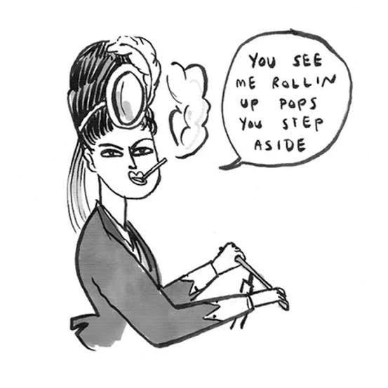 a cartoon by the amazing Kate Beaton responding to 19th-century moral panic about women riding bicycles 

a lady in a late 19th-century style jacket and elaborate hairdo with a feather in it is holding bicycle handlebars

with a cigarette dangling from her lip, she is saying, “You see me rolling up, Pops, you step aside”
