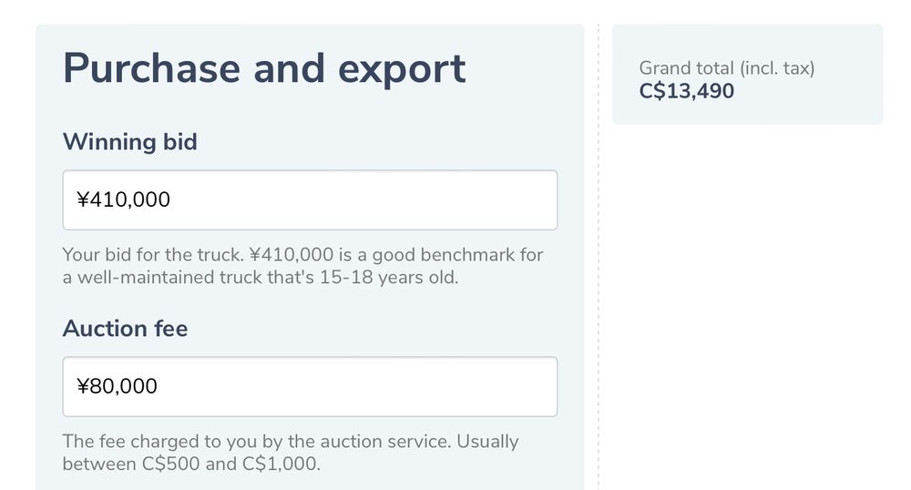 A screenshot of a form that calculates export cost.