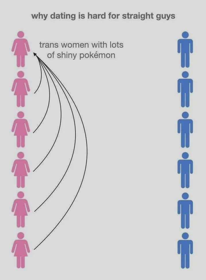 why dating is hard for straight guys 

“trans women with lots of shiny pokemon” 
(Graph of women only dating those trans women) 