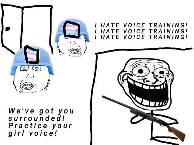 We’ve gor you surrounded! Practice your girl voice! 

I hate voice training 
I hate voice training 
I hate voice training