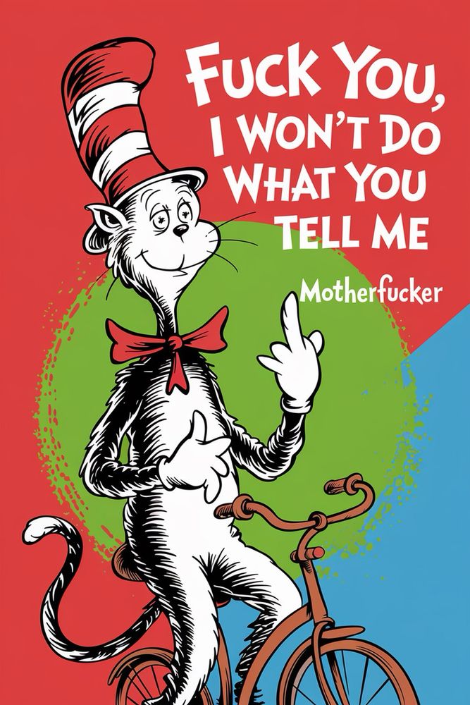 dr seuss book cover featuring the cat in the hat on a bicycle flipping off someone, titled "Fuck You I Won't Do What You Tell Me", subtitled "Motherfucker"