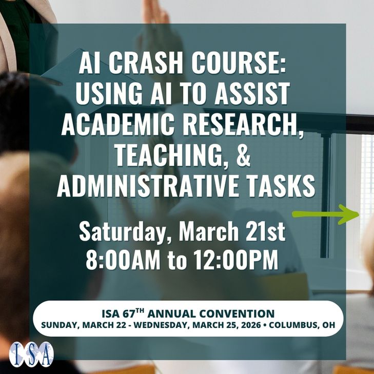 Text: AI Crash Course: Using AI to Assist 
Academic Research, Teaching, & Administrative tasks
 - Saturday, March 21st 
8:00AM to 12:00PM 
Image: Image of someone lecturing. ISA logo, green arrow pointing to swipe right. 