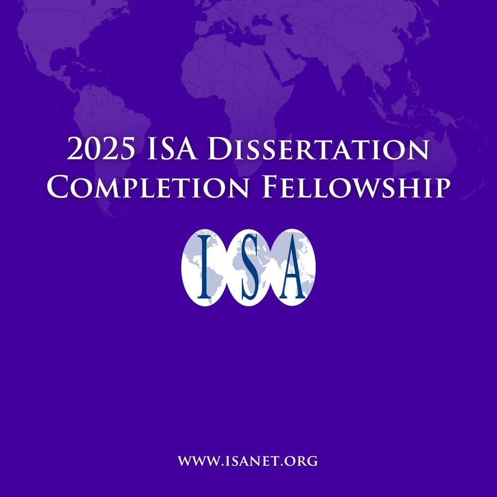 Text: 2025 ISA dissertation completion fellowship
Image: purple background with faded world map on top. ISA logo
