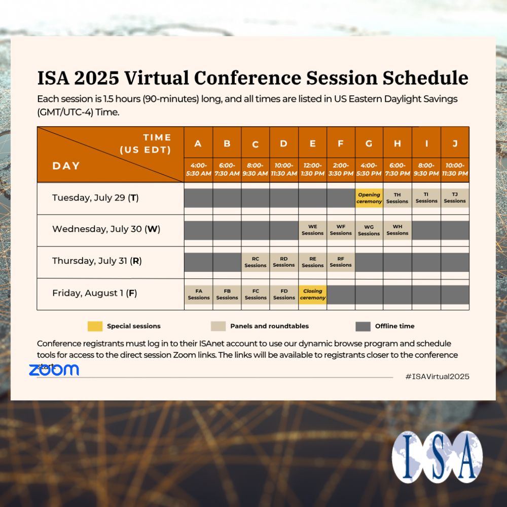 Image of the schedule for each day of ISA VIrtual 2025, ISA logo