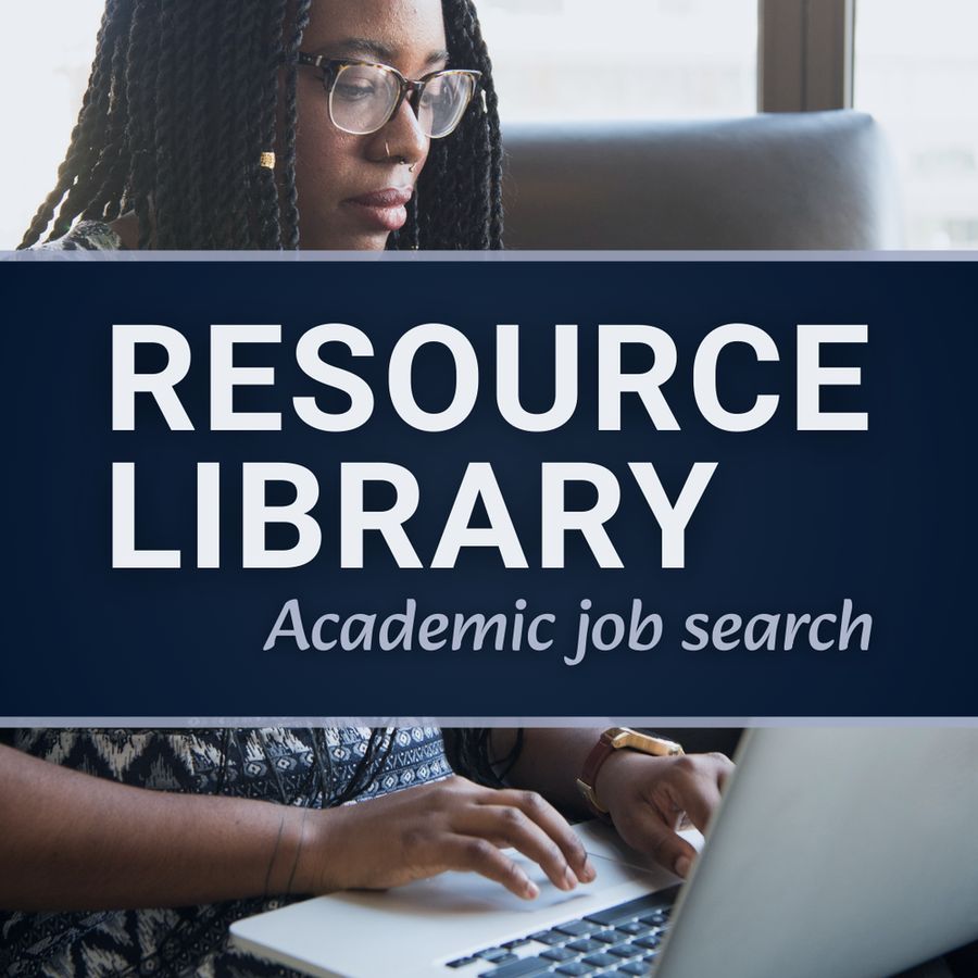 Resource Library: Academic job search. Background: Woman typing on laptop