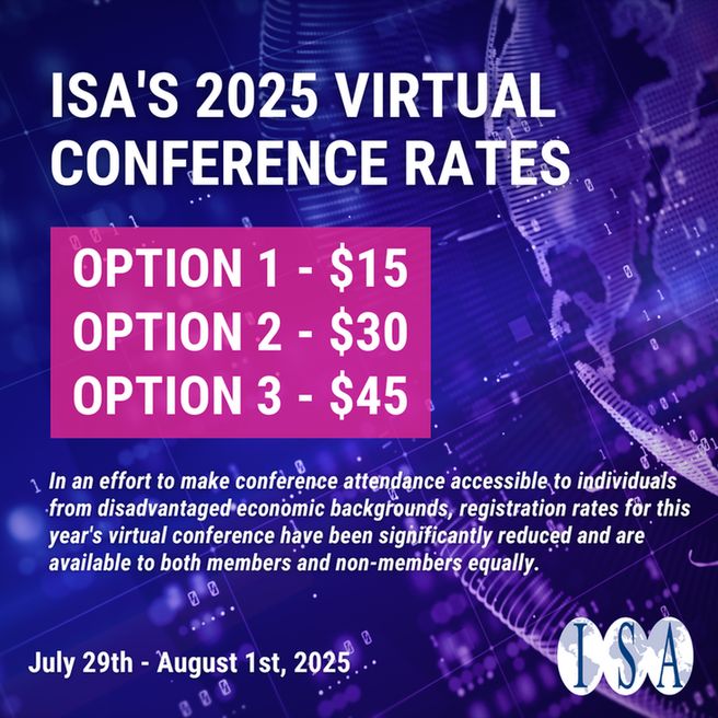 Text: ISA's 2025 Virtual Conference rates
Option 1 - $15
Option 2 - $30
Option 3 - $45

Image: Technology, network, connection graphic, blue and purple 
