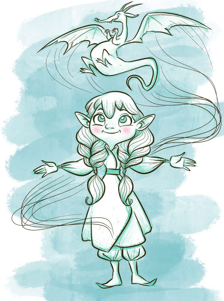 Sketch of a young elf girl with big, fluffy braids. Her arms are outstretched and she looking up at a little dragon that has flown up above her