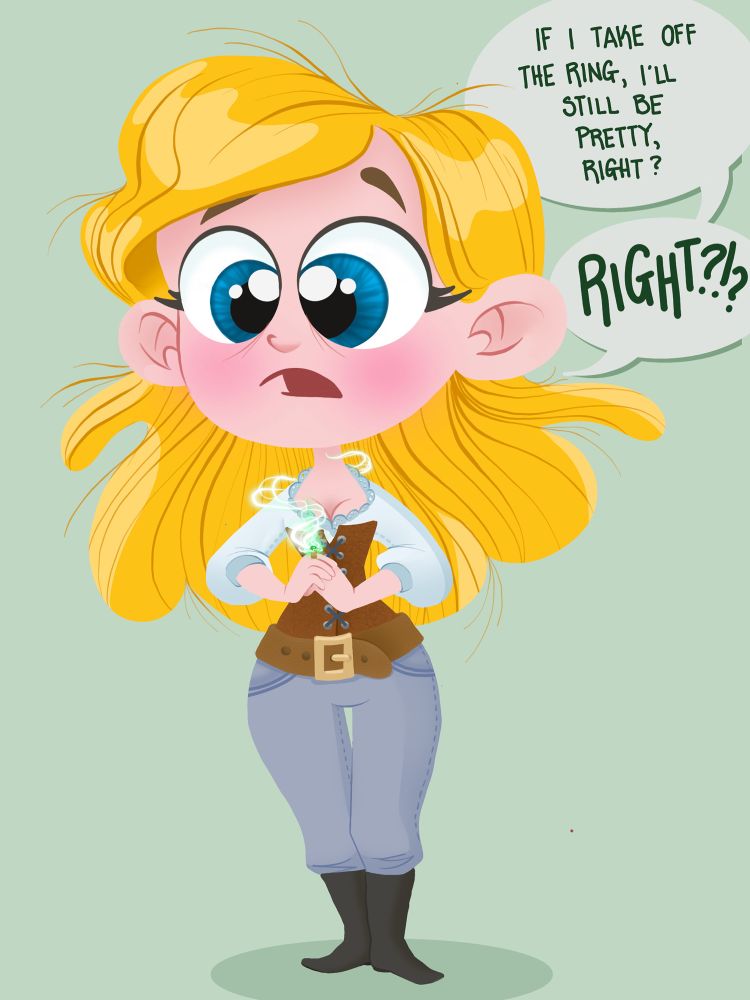 Cartoon illustration of a blonde woman with blue eyes wearing a glowing green ring