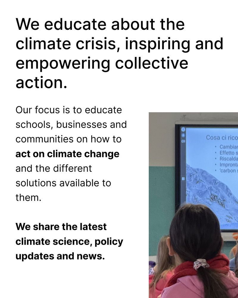 Little girl sits in a classroom and looks at a presentation about climate change from a Protect our Winters athlete. Text in the image reads "We educate about the climate crisis, inspiring and empowering collective action. Our focus is to educate schools, businesses and communities on how to act on climate change  and the different  solutions available to  them. We share the latest climate science, policy updates and news."
