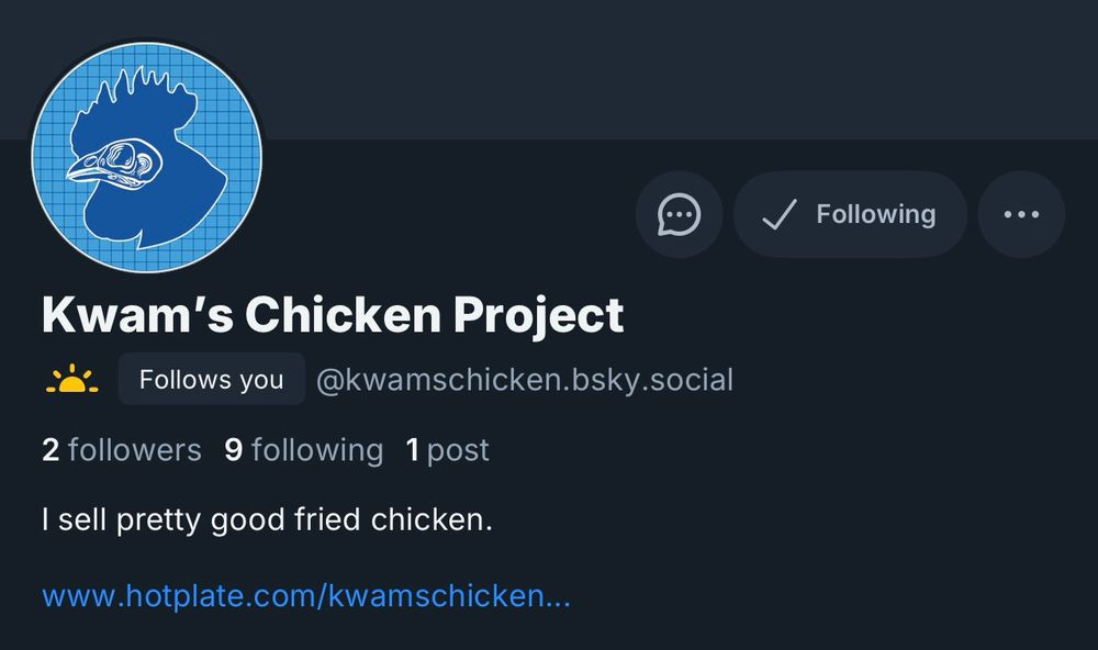 A screen shot of Kwam’s Chicken Project BlueSky profile