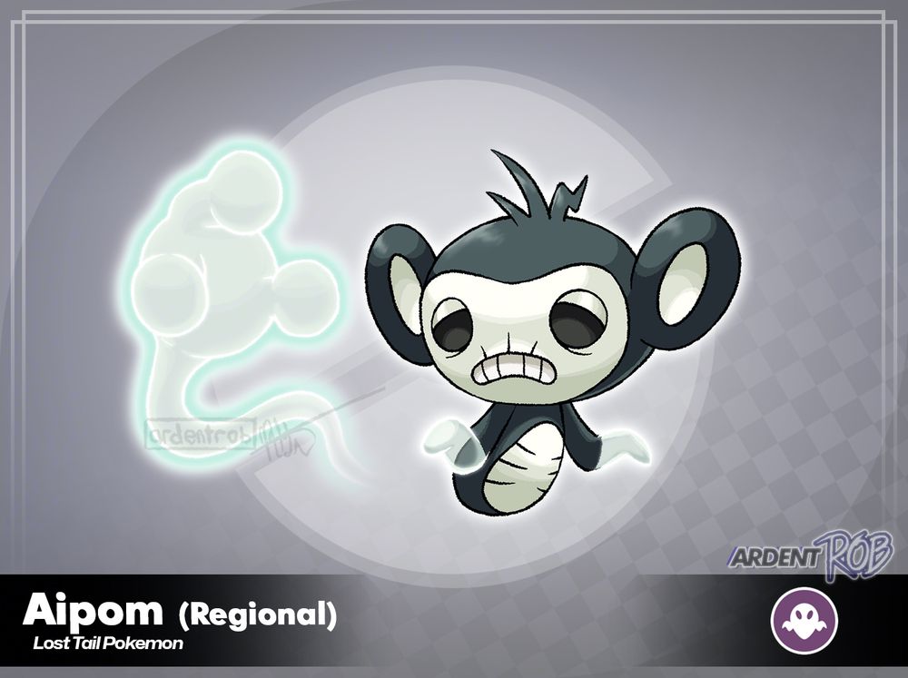 A digital illustration of a fakemon / オリポケ
"Aipom (Regional): The Lost Tail Pokemon"
Ghost Type

It is a ghostly regional variant of Aipom with dull gray fur, hollow eyes, and an ethereal, spectral tail. Its face and tummy are white like bleached bone, resembling the appearance of a skull and ribcage. Unlike its Johto counterpart, this Aipom does not possess legs.