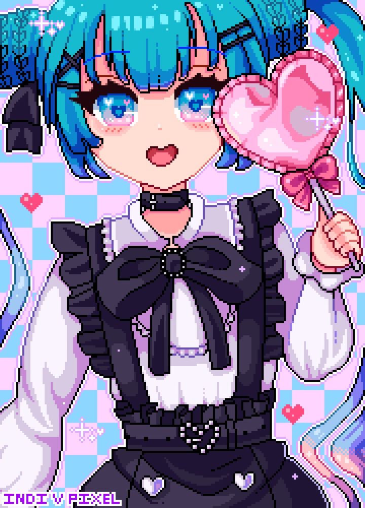 A pixel art image of Hatsune Miku, she's in her Jirai Kei outfit, holding up a heart balloon with a cute smile, theres a lot of sparkles in the picture 