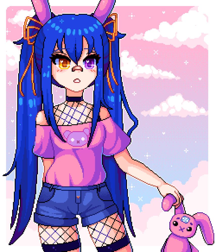 Pixel art of a girl with long blue hair, in twin tails, holding a pink rabbit. She's wearing a pink shirt with a purple bear on it, fishnet shorts, and denim shorts on top. She has a bandage on her nose, and has one purple eye and one yellow eye. She's also wearing pink bunny ears that stick up.