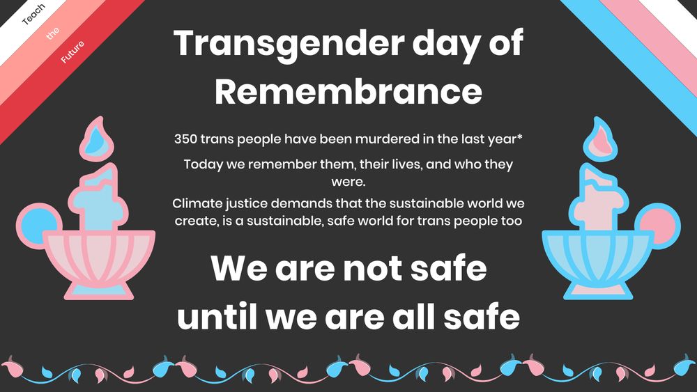 A graphic reads "Transgender day of Remembrance. 350 trans people have been murdered in the last year*. Today we remember them, their lives, and who they were. Climate justice demands that the sustainable world we create, is a sustainable, safe world for trans people too. We are not safe until we are all safe"
Roses and candles in the pink, blue and of the transgender flag decorate the page