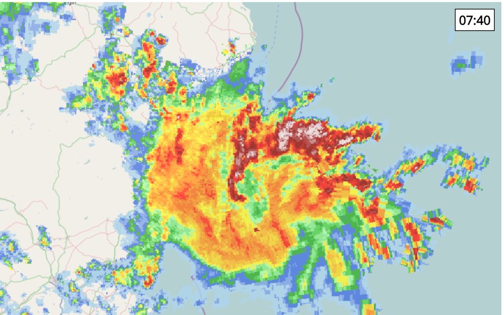 Rain radar view of an organised thunderstorm about 60 miles in diameter off the coast of Aberdeenshire in Scotland. Intense precipitation is evident. 