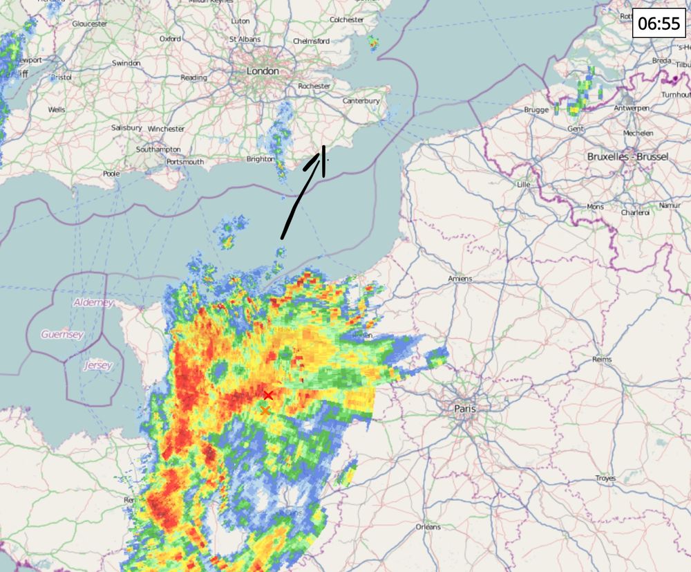 A radar image of Northern France and Southern England showing red colours associated with an area of thundery rain and showers moving NNE from just East of the Cherbourg Peninsula