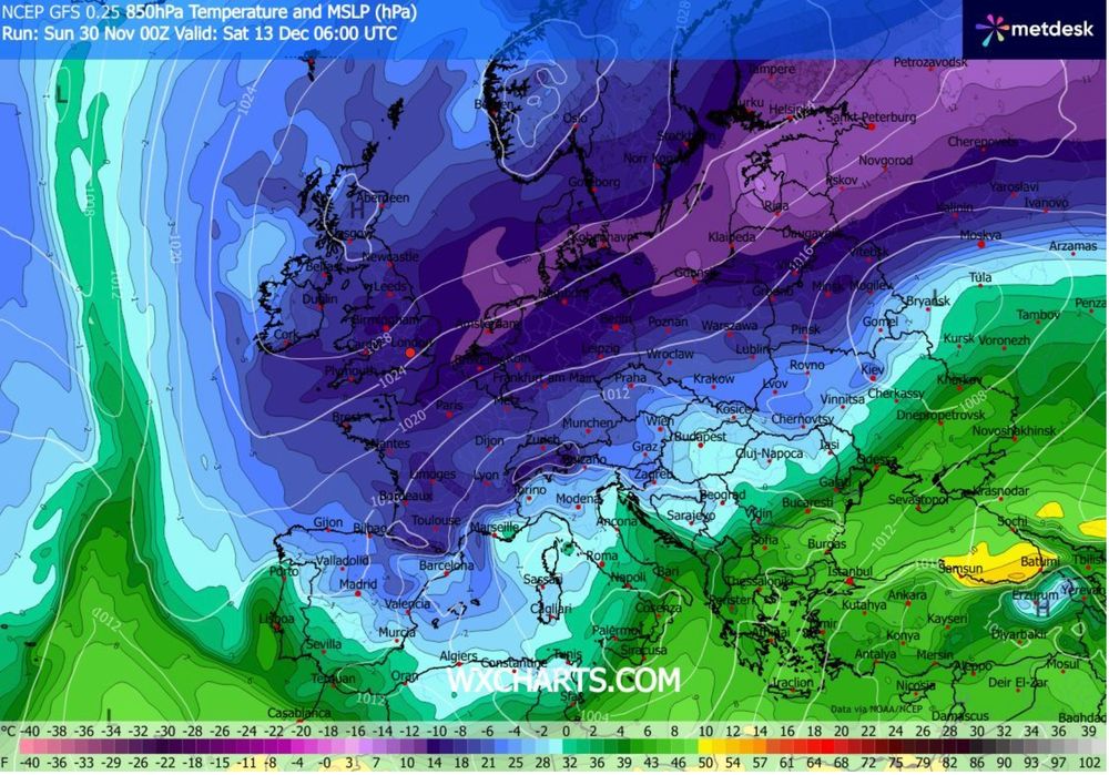 A forecast map of Europe, for Sat 06:00 on 13th Dec with temperature at 850mb (~4,500 ft asl) showing a tongue of cold air from the Baltic regions with the -10ºC isotherm reaching East Anglia.