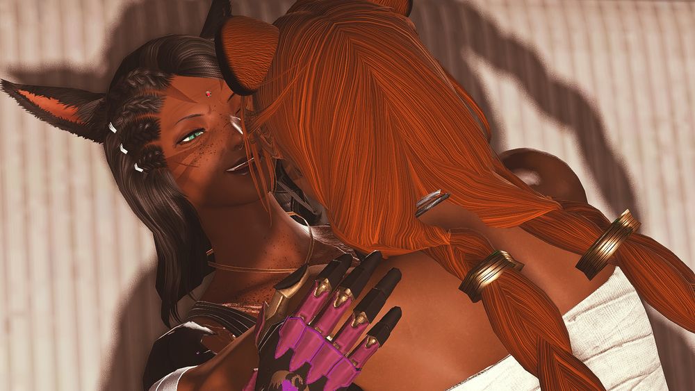 Rhuna winks playfully at T'otes, a reverse shot from the last image. She's stlil pinned down but seems happy about it.