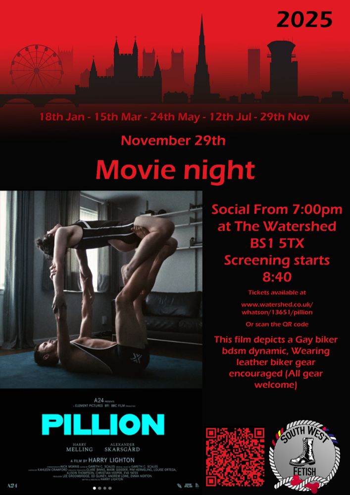 The poster of the movie 
Social from 7pm at the watershed BS1 5TX Screening starts 8:40
Tickets available from the watersheds website
This film depicts a gay biker bdsm dynamic, wearing leather biker gear encouraged. all gear welcome