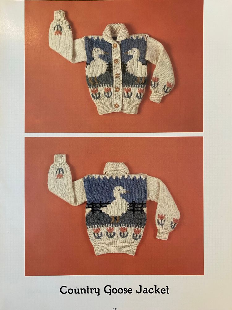Front and back view of a children’s knit called “country goose jacket”