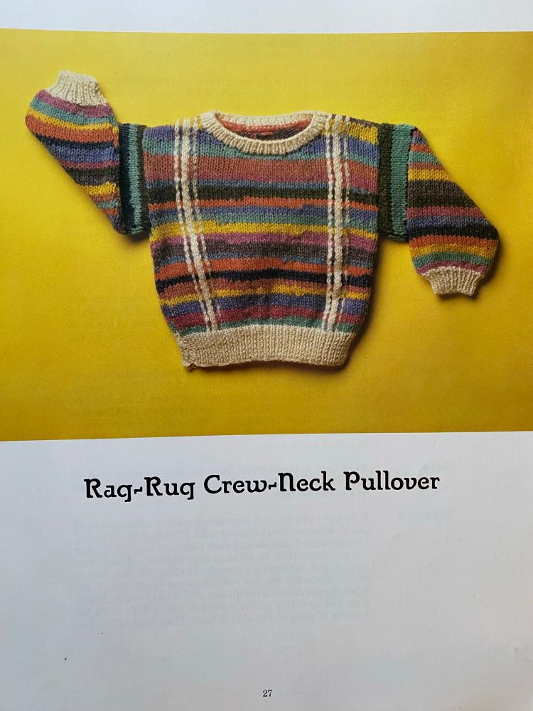 A colorful striped vintage children’s knit called “rag-rug crew-neck pullover”.