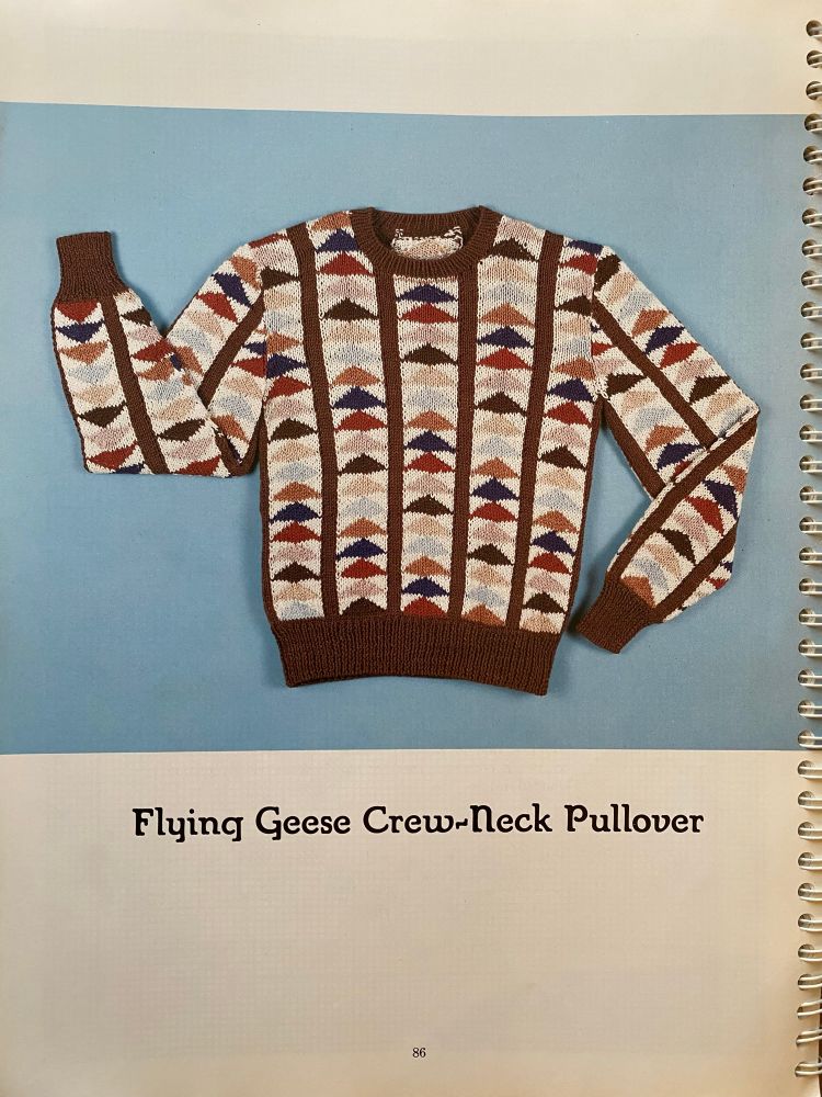 A children’s knit with a quilt pattern called “flying geese crew-neck pullover.”