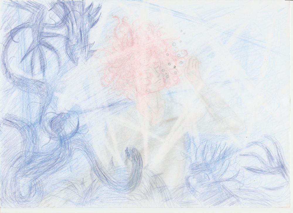 A traditional art piece (coloured pencils) depicting Árni from the prolougue of the comic "Stand Still. Stay Silent" being submerged in the icy ocean and surrounded by stylized, nightmarish creatures. This is a prophetic dream (in terms of creatures in the ocean, not him possibly drowning).