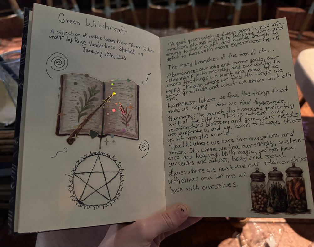 An open grimoire (journal) with "witchy" stickers and an inked pentagram on the pages. The left page reads: "Green Witchcraft
A collection of notes taken from "Green Witch-craft" by Paige Vanderbeck. Started on
January 29th, 2025." The right page reads describes the seven different branches of the tree of life. 