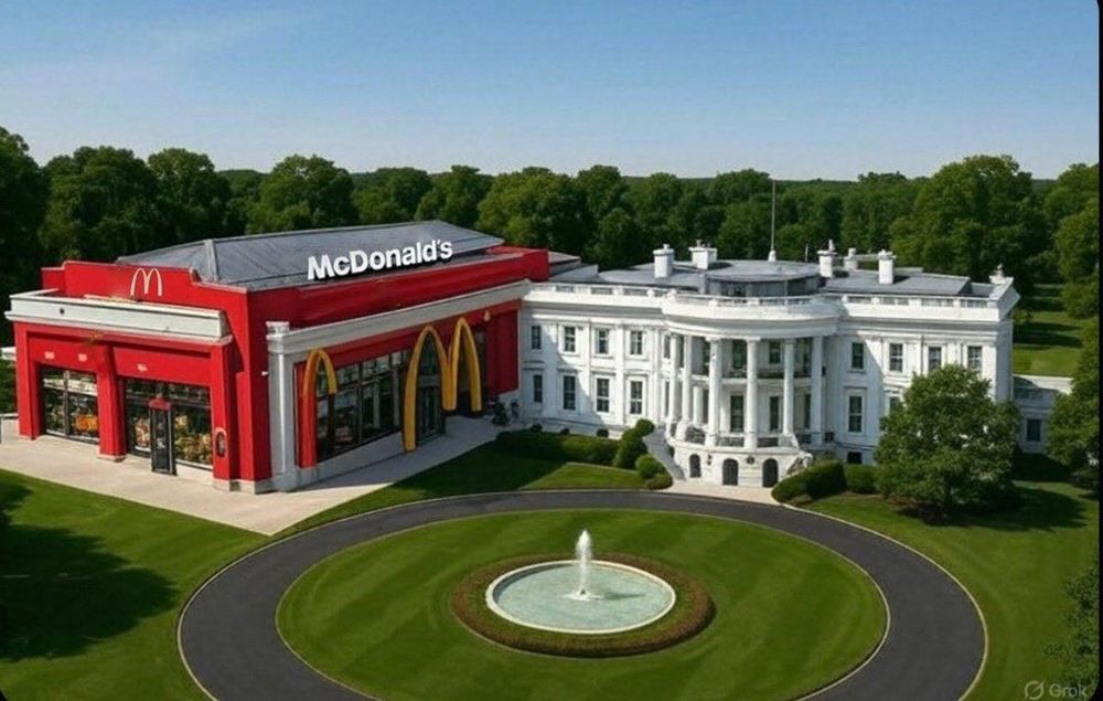 Fotomontage, auf der der Ostflügel des Weißen Hauses zu einer McDonalds Filiale umgebaut wurde.