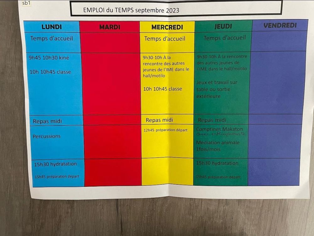 Photo d'un emploi du temps en IME. Classe le lundi et mercredi de 10h à 10h45 et rien d'autre en terme d'apprentissage scolaire. 45 minutes de kiné juste avant la classe le lundi. Des percussions l'après-midi (sans horaires), des temps d'hydratation le lundi et jeudi après-midi (15 minutes) et le jeudi et vendredi à 9h30 "rencontre des autres jeunes de l'IME dans le hall.