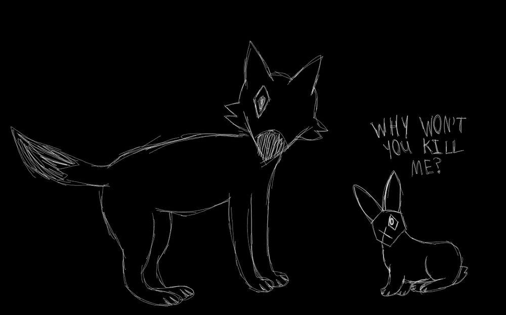 Black and white fox standing next to a black and white rabbit both with seemingly one eye. The rabbit and fox both have odd head shapes. The rabbit has text above him saying "WHY WON'T YOU KILL ME?"